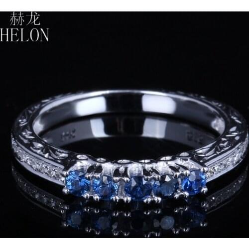 HELON Sterling Silver 925 Round 0.45ct Natural Diamonds & Sapphire Engagement Wedding Vintage Classic Fine Jewelry Gemstone Ring