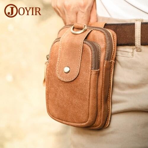 JOYIR Genuine Leather Waist Bag Fanny Pack Cell Phone Cigarette Key Case Vintage Bum Belt Bag Cowhide Hook Waist Pack