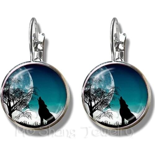 Classic 16mm Glass Dome Stud Earrings Wolf Head Pattern Glass Metal Buckle Punk Jewelry Silver Plated Earrings For Women