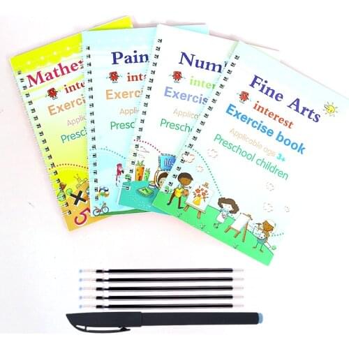 4 Books + Pen Magic Practice Book Childrens Copybook Wipe-Free Reuse 3D Calligraphy English Numbers And Letters Montessori Toys