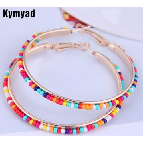 Kymyad Bohemia Multicolor Beads Stone Hoop Earrings For Women Big Boho Ear Vintage Jewelry Gold Color Circular Statement Earring