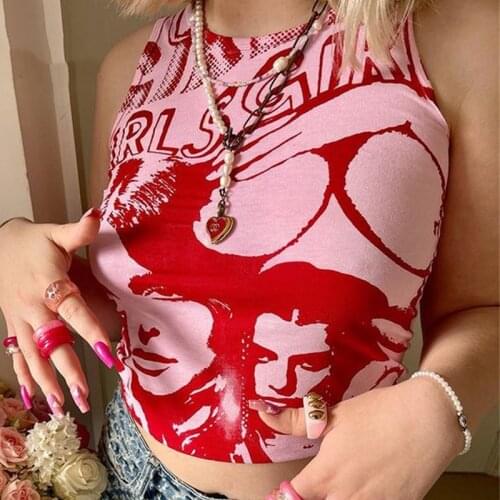 Women Trendy Portrait Letter Printed Tank Tops Summer Vest Female Round Neck Sleeveless Slim Fit Crop Tops