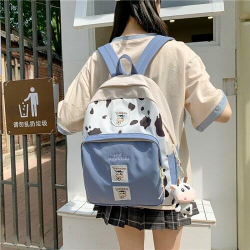 Fashion Womens Backpack Harajuku Cute Cow Pattern School Bag For Teenage Girls Canvas Large Capacity Waterproof Travel Bookbags