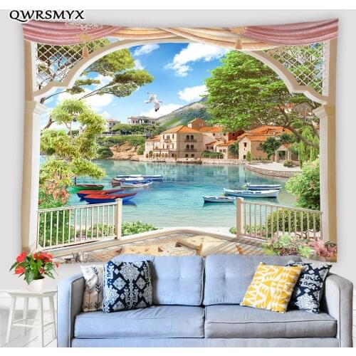 Ocean Scenery Outside The Window Tapestry Fishing Boat In Seaside Town Wall Hanging Living Room Bedroom Decor Wall Tapestries
