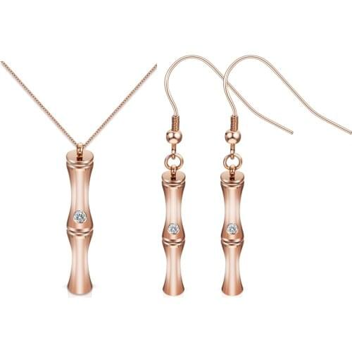Womens Jewelry Set Rose Gold Color Stainless steel Bamboo Pendant Necklace & Earrings with Crystal