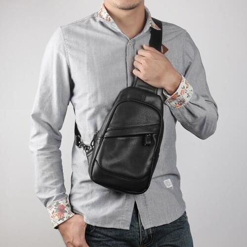 NUPUGOO Casual chest bag Genuine Leather Sport black men fashion trend Sport breast bag hold 7.9 inch ipad External Silt Pocket