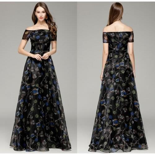 New 2018 night owl Pattern Boat Neck A-line Long formal Evening Prom Party Dresses Floor-length Black us size 4 6 8 10 12