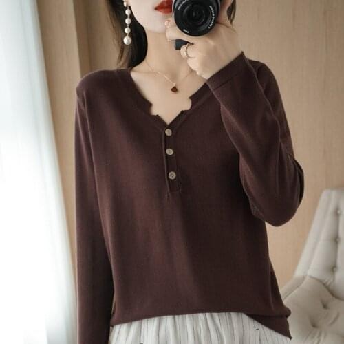 LHZSYY 20 Autumn New V-neck Pure Cotton Knit Sweater Women Short long-sleeved top Korean Casual all-match Cotton thread Pullover