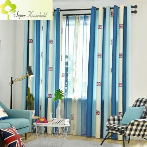American Style Curtains Blue White Union Flag Window Curtain for Living Room Bedroom Stripe Tulle Sheer for The Kitchen