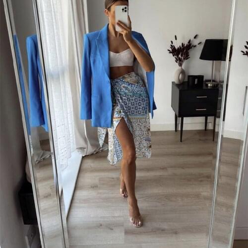 Womens elegant blue irregular print skirt 2021 Za summer retro womens high waist lace up skirt womens Bohemian beach skirt