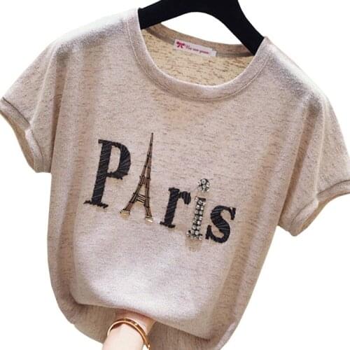 Summer Maiden Beaded T Shirt Harajuku Letter Paris Iron Tower Short Sleeve Tees Khaki Slub Cotton Slim Lady Casual Tops Female