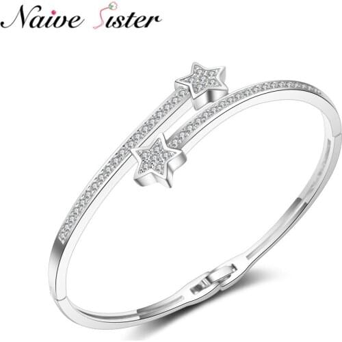 2018 New Fashion Silver Color Austrian Crystal Paved Bangle Women Copper Star Bracelet Cubic Zirconia Love Jewelry Vintage