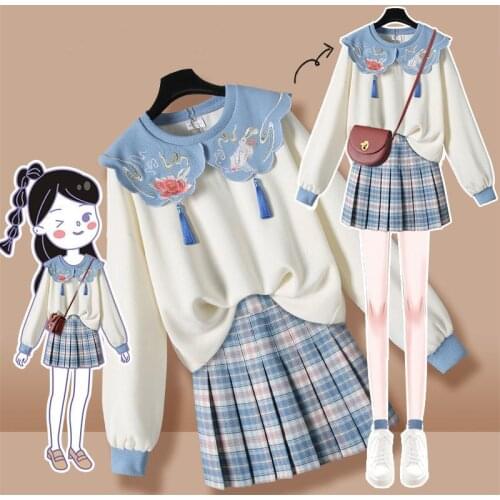 Chinese Style Improved Hanfu Female Modern Long Sleeve Sweatshirt + Pleated Skirt Tang Suit Streetwear Retro Vintage Suit