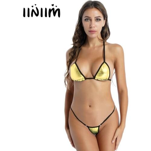 Womens Ladies Lingerie Bikini Set Shiny Patent Leather Two-piece Mini Micro Swimsuit Swimwear Halter Lace-up Bra with G-string