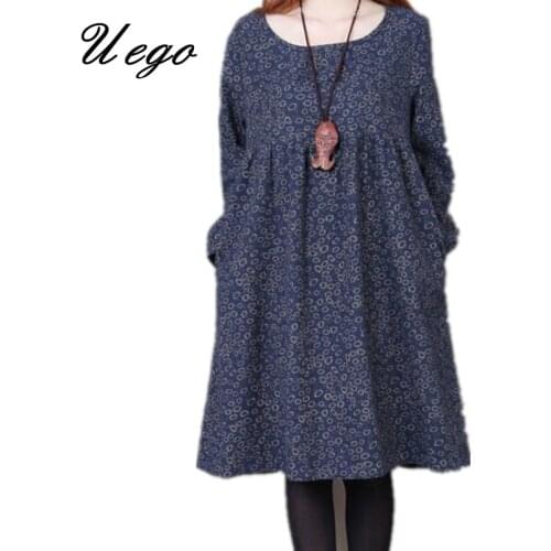2021 Fashion Print Floral Spring Dress Cotton Linen Long Sleeve Ladies Vintage Dress Plus Size Loose Women Casual Autumn Dress