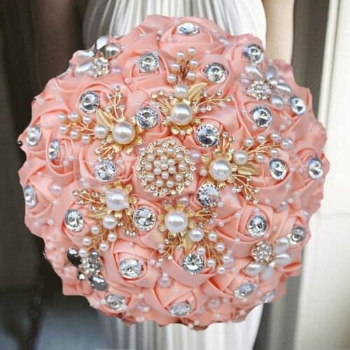 1pc/lot coral ribbon bride holding flowers with rhinestone pearl for wedding party