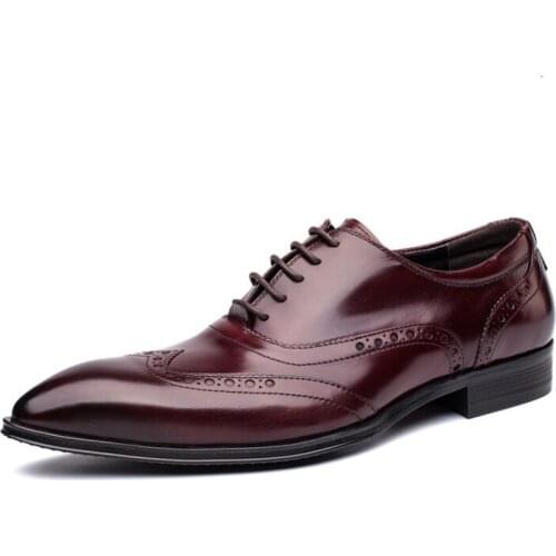 2020 Fashion Retro Lace Up Mens Business Formal Shoes Oxfords Genuine Leather Pointed Toe Male Footwear Wedding Shoes Brogues