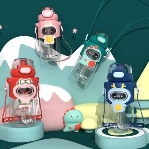 600ml Fashion Cartoon Strap Drink Plastic Portable Straw Water Bottle for Baby Kids Children Student Outdoor School Creative Cup