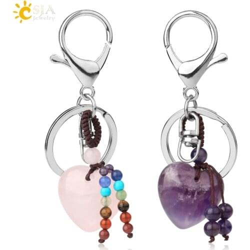 CSJA Heart Natural Crystal Keychains 7 Chakra Healing Stone Pink Quartz Tiger Eye Keyring Silver Color Car Key Holder Decor G554