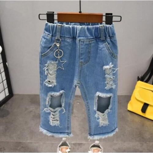 Childrens Jeans Shorts Summer Short Pants Paint Ripped Casual Denim Shorts for Boys girl Pockets Hole blue Kids Shorts 2-7years