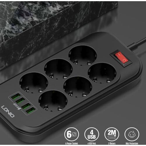 EU plug electronic power strip fast charging 3 USB + 6 outputs mobile phones for 2500W 250V 2M extension cable network filter