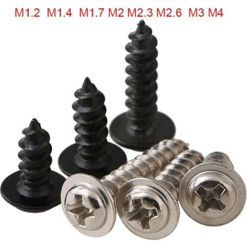 M1.2-M4 Round Pan Head Phillips Self Tapping Screw With Pad Nickel /Black Zinc Plated Cross With Collar Padded Washer Small Bolt