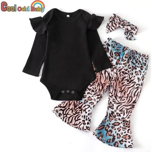 3Pcs Newborn Infant Baby Girl Clothes Set Long Sleeve Black Romper Top Fashion Leopard Pants Headband Kids Toddler Clothing Suit