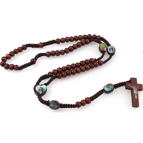 Brown Retro Wooden Beads Rosary Necklace Rope Chain Hand-Woven Jesus Cross Pendant Necklace Catholic Christian Religious Jewelry