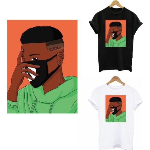 Mask Black Boy Iron On Heat Transfer For Clothing DIY A-Level Washable Patches Sticker On Clothes Fashion Men Applique Decor