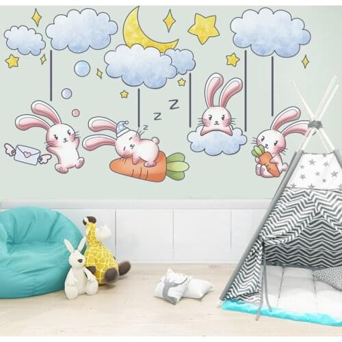 Cartoon Animal Wall Stickers for Kids Room Decoration Mural Bedroom Living Room Wall Decor Rabbit Decals Wallpaper Self-adhesive