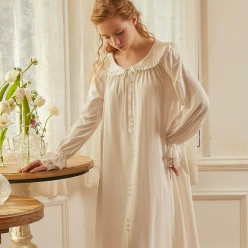 Nightgown Sleepwear Long Dress Cotton Nightgown Women Long Sleeve Sleep Wear Lady Simple Retro Night Gown
