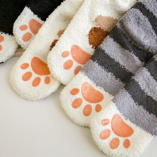 Cartoon Cat Paws Socks Women Non-slip Coral Velvet Thick Socks Femme Warm Winter Sleeping Socks Floor Home Calcetines