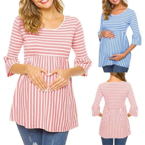 Newest Pregnant Blouse Maternity Clothes Women Pregnant Maternity O-Neck 3/4 Sleeve Pagoda Stripe Blouse Tops Pullover блузка