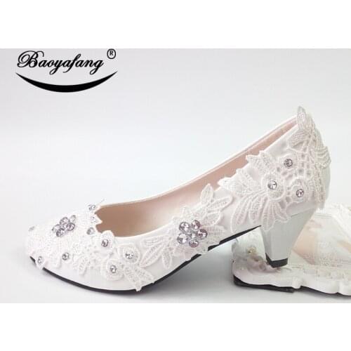 BaoYaFang 2019 New arrival White flower Party Heeled Shoes Woman High Heel Pumps Ladies Wedding shoes round toe Patent leather