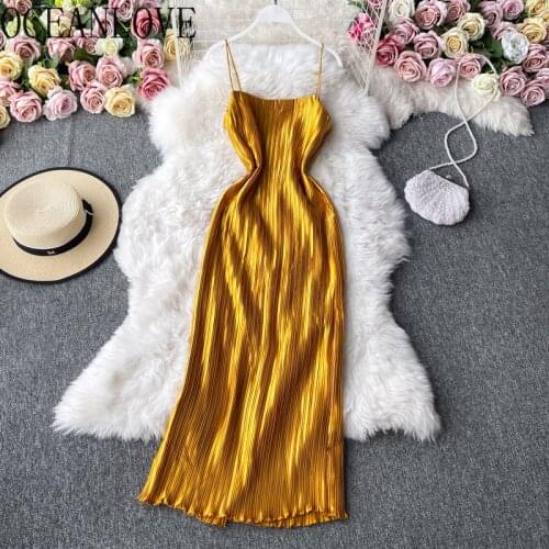 OCEANLOVE 2021 Satin Dress Solid Pleated Sleeveless Sexy Party Dresses Women Vintage Korean Elegant Vestidos Banquet 18483
