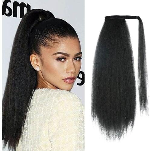 Yaki Straight Ponytail 26" Long Wrap Drawstring Kinky Straight Clip in Pony Tail Extensions Afro Puff Kinky Straight Drawstring