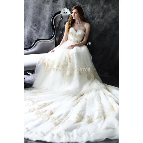 Luxury Wedding Dresses Sweetheart See Through Corset Back Tulle Gold Lace Embroidery Custom Made Chapel Train A line Bridal Gown
