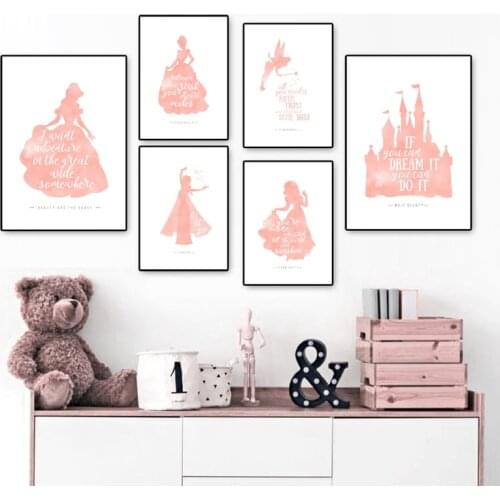 Pink Baby Girls Room Decor Princess Castle Silhouette Fairy Posters & Prints Watercolor Art Picture Canvas Painting Decoration