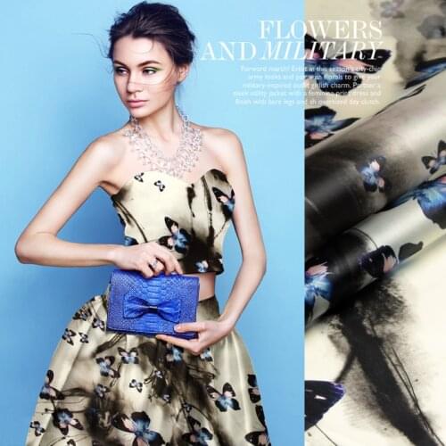 PRINT SILK ORGANZA SATIN FABRIC 135cm width 14momme Pure Silk Fabric Black and White Color