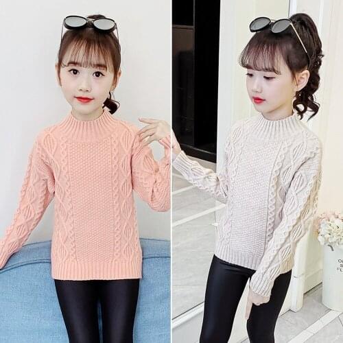 Girls Sweater Autumn Winter Elastic Solid Color Linen Knit Half-Collar Sweater Children Tops Clothes for Girls 6 810 12 14Y