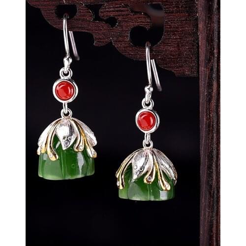 Uglyless Ethnic Solid Silver Lotus Flower Earrings Women Natural Green Jade Jasper Lotus Earrings 925 Silver Agate Brincos E1911