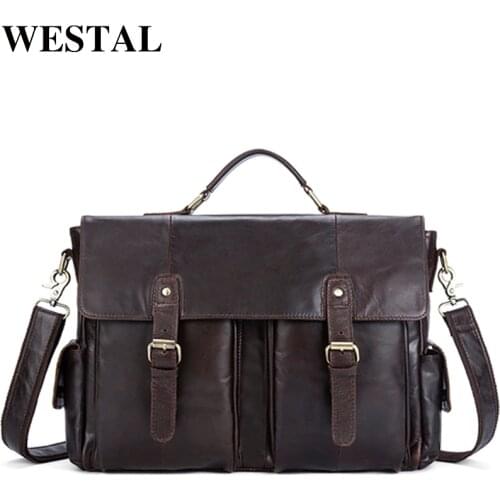 WESTAL mens handbag leather laptop bag men genuine leather vintage desinger luxury brand bag for men porte document handbag 894