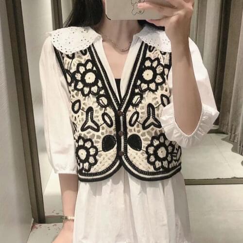 Za Women 2021 Fashion Floral Embroidery Cropped Knitted Sweater Vintage V Neck Sleeveless Female Cardigan Vest Chic Tops