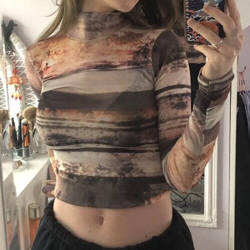 2021 Womens Fall Top Abstract Vintage Street Gauze Print Snug Tight High Collar Long Sleeve T-shirt Woman Tshirts