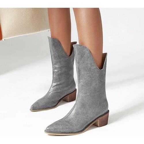 Fashion Embossed microfiber Leather Women Mid-calf Boots Toe Western Cowboy Boot High Heels Motorcycle Sexy chaussures femme