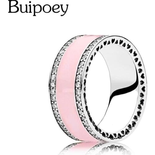 Buipoey Pink Enamel Rings Silver-plated Fashion Wide-brimmed Ring Pink Heart Romantic Exquisite Female Ring Wedding Jewelry Gift