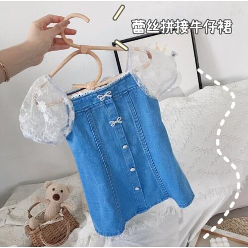 2-7 Years Toddler Girls Dress Summer New Kids Fashion Korean Denim Dress Lace Splicing Denim Dress for Girl Childrens Clothing