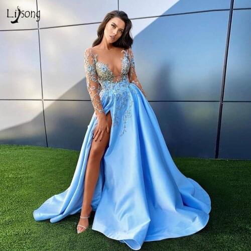 Vestidos Formales 2020 Sky Blue Floral Embroidery A-line Evening Dresses Lace Beaded Sexy Split Long Evening Gowns Full Sleeves