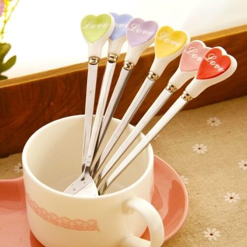 1Piece Sale Tea Spoon Sweet Multicolor Love Hearts Long Ceramic Handle Stainless Steel Coffee Spoon Stirring Soup Retail