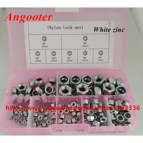 140pcs/box DIN985 M2 M2.5 M3 M4 M5 M6 M8 Nylon Lock Nuts Insert Nylon Locknut Zinc-plated Carbon Steel Lock Nuts Assortments kit